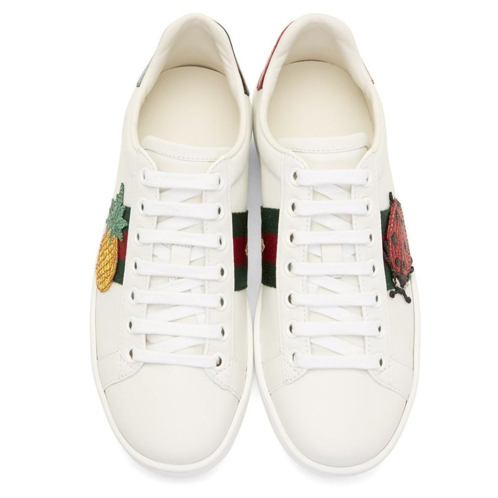 Gucci White Leather Embroidered Ladybird And Pineapple Ace Sneakers Size 37
